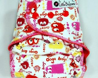 Custom Made Cloth Diaper or Cover - Red Orange Pink Ooga Booga - You Pick Size and Style - Made to Order Nappy or Wrap - Monsters