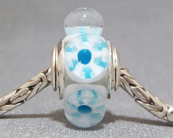 Murrini European Charm Lampwork Glass Dot Bead Big Hole Bead Aqua Snowflake