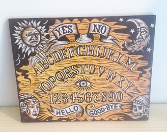 Occult Art, Ouija Board Wall Art, Ouija Spirit Board Hand Printed Woodcut Print on Wood, Ready to Hang, Occult Art, Goth Occult Art