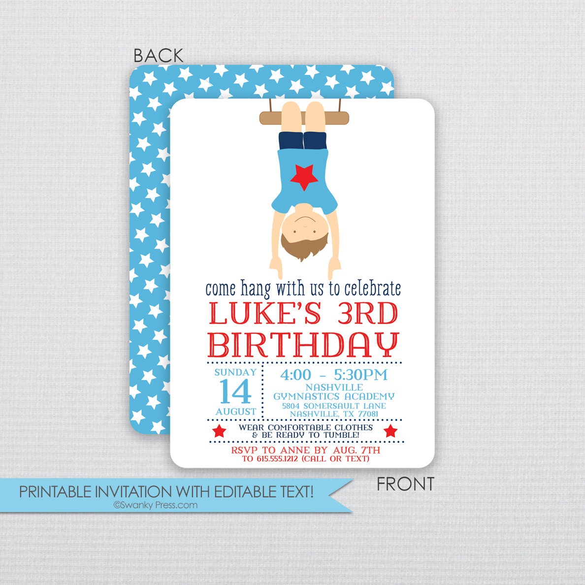 Boy Gymnastics Birthday Party Invitation DIY Instant