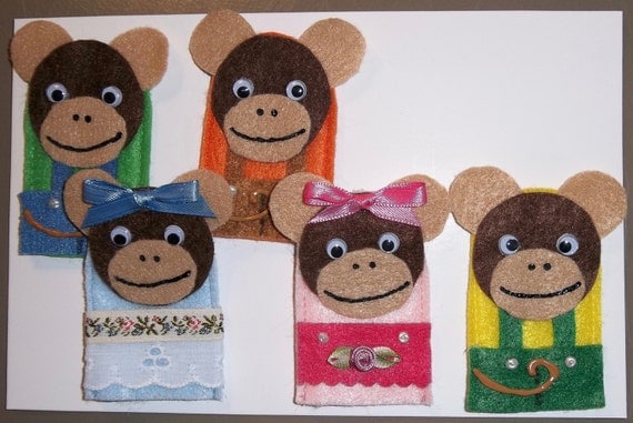 5 Little Monkeys Finger Puppets by dolllady237 on Etsy