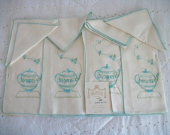 vintage pure linen place mat and napkin set, cream and jadite green cheerful embroidered teapots and flowers. unused, NOS, 4 napkins / mats