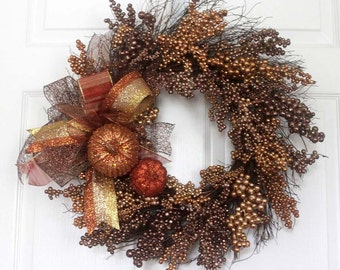 Thanksgiving wreath for front door, fall wreath, berry wreath, gold copper bronze, thanksgiving decor, glitter pumpkins, kitchen décor