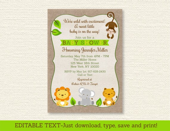 Cute Jungle Safari Animals Printable Baby Shower Invitation Editable PDF