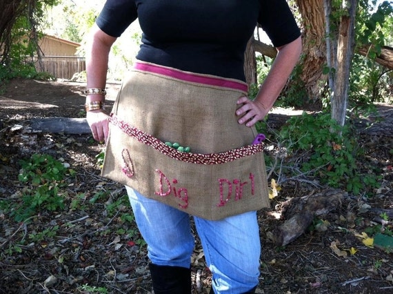 Gardening Apron Upcycled Burlap Love Grows or I Dig Dirt Your Choice of One