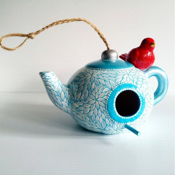 Red White and Blue Teapot Birdhouse: Hand Painted Ceramic Birdhouse