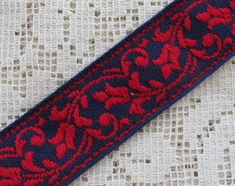 Hungary Traditional Floral Jacquard Trim Ribbon 15/16th Inch Wide 2 Yards Folk Costume Trim Navy Blue Red HFT 65