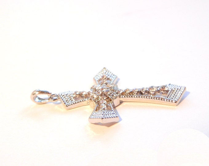 Silver-tone Cross with Marcasite Texture and Rhinestones