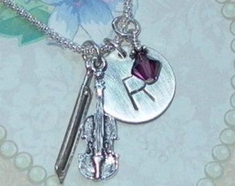 Violin Necklace, Personalized Violin Hand Stamped Sterling Silver Initial Charm Necklace - Violin Jewelry - Violin Player Necklace
