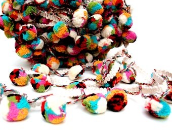 Pompom Lace,Cotton Mutli Colored Pom Pom Trim, Indian Pom Pom, Scarf Pompom Trim, Pompom Fringe, 5 Yards, Boho,Home Decor