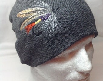 Purple Joe Fishing Fly Lure Charcoal Gray Hat Beanie Skullcap Fisherman Tackle Bait Hook