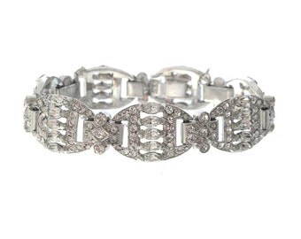 Antique Art Deco Jewelry, Vintage Art Deco Bracelet, Oval Navette Rhinestone Links, 1920s Original Wedding Jewelry, Bridal Jewelry