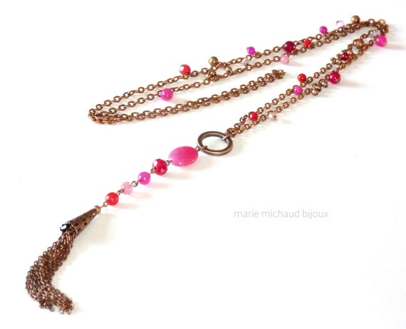 Long pink and red boho necklace with tassel, Pink and red necklace, Long boho necklace, Long pink and red necklace, Original boho necklace,