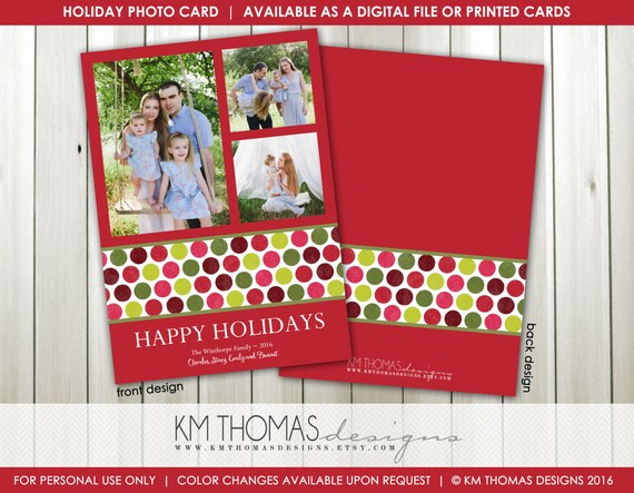 Photo Holiday Card - Printable Christmas Photo Card - New Years Photo Card - Winter Holiday Card - Red Green - Polka Dots - WH130 Il_570xn