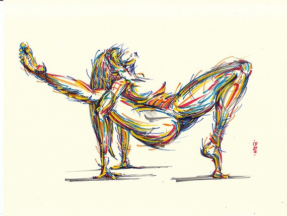 Yoga Art Original Color Drawing On Paper    Shiva Pose