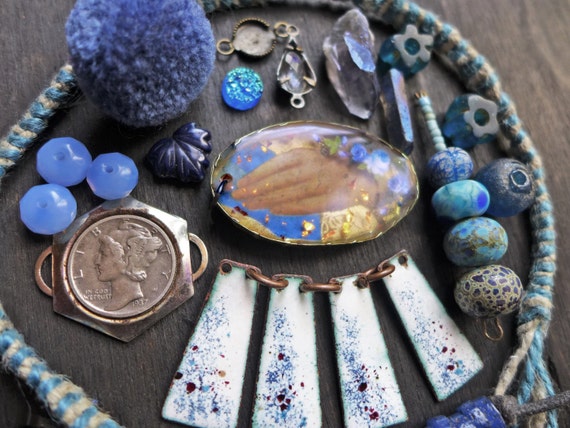 Blue Necklace Inspiration Kit. Rustic resin bezel, mix lot assortment.