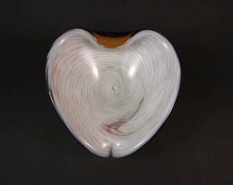 Vintage Murano Heart Shaped Art Glass Bowl Ivory Interior with Metallic Swirl Encased in Amber Glass Italian Art Glass