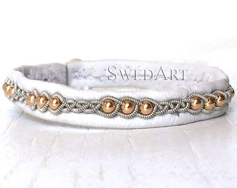 SwedArt B175 Rose Gold Lapland Sami Bracelet with 14K Rose Gold-Filled Beads and antler Button, White X-SMALL