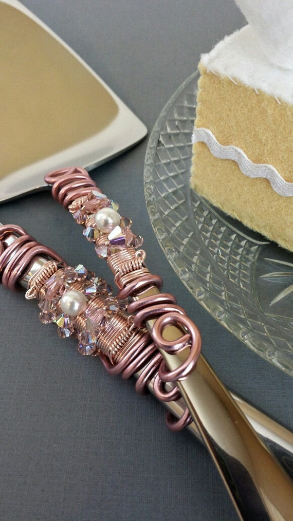  Rose  gold  blush pink wedding  cake  knife  server set  Swarovski