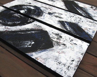 Black and White Abstract Triptych, original Acrylic Panel Paintings on canvas, Modern Home Decor, 36" x 36", wall hanging, nursery decor