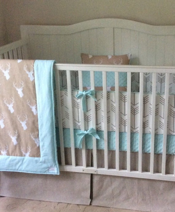 DEPOSIT Crib Bedding Deer and Arrows Tan and Aqua Mint