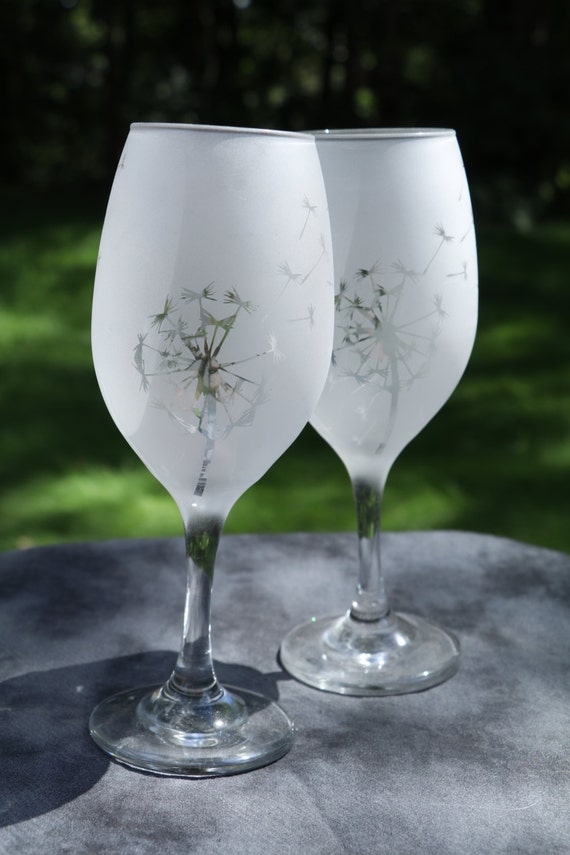 Dandelion Frosted Etched White Wine Glasses Set Of 2