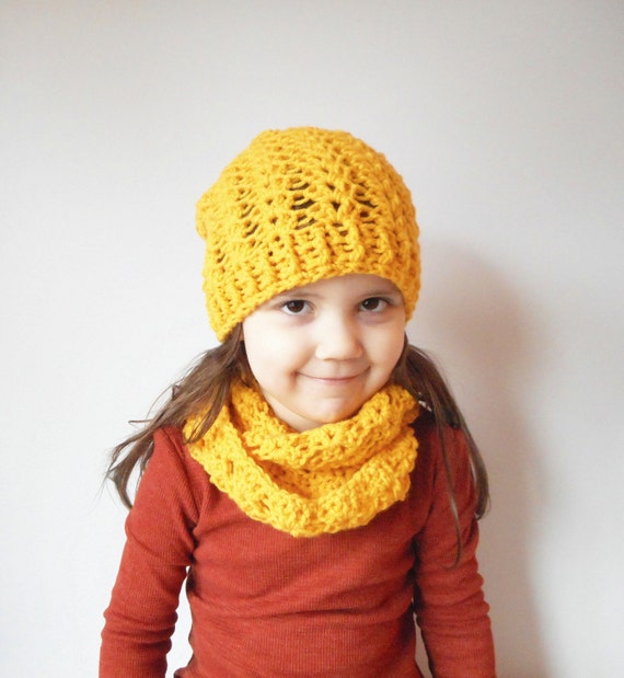 Girls Winter Slouch Beanie and Circle Scarf Set in Sunshine, ready to ship.