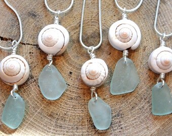 Beach jewelry Sea Foam Sea glass wire wrap with natural spiral shell pendant on a Sterling Silver plated snake chain Necklaces C4