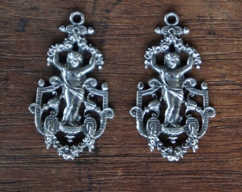 PAIR Antique French Silver Standing Angel Cherub With Garland Drops