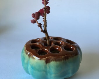 Holey Lotus Pod Bud Vase for A Single Flower Turquoise and Brown Ceramic Vessel 3