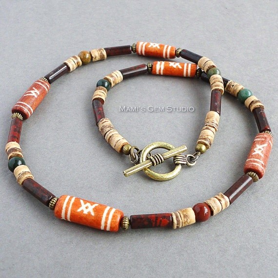 Mens Necklace Tribal Style Beaded Jewelry Bone by mamisgemstudio