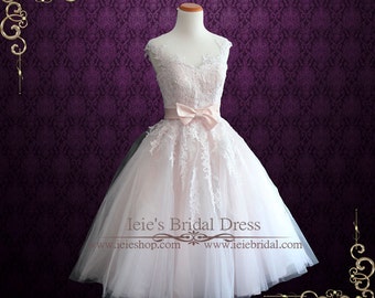 Pearl Pink Retro Tea Length Wedding Dress Prom Dress Formal Dress | Retro 50s 60s Wedding Dress | Short Wedding Dress | Rosalie