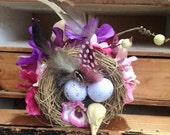 custom bird nest and flower fascinator, steampunk hair clip, alternative wedding through a hedge backwards
