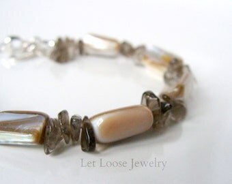Shell and quartz bracelet, brown lip shell smoky quartz chips sterling silver clasp, summery casual, Let Loose Jewelry, handmade, under 30