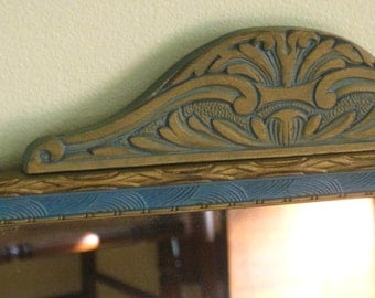 Art Deco Wall Mirror, Arched Wood Carved Hanging Mirror, Blue and Gold Framed Mirror Shabby Cottage Home Decor, Early 1900's