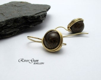Bronzite Earrings, Gemstone Earrings, Wire Wrapped, 14kt Gold Filled, RiverGum Jewellery