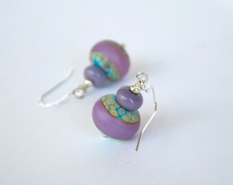 Lampwork Glass Earrings, Purple Earrings, Turquoise Blue Earrings, Glass Bead Earrings, Tye Dye Earrings