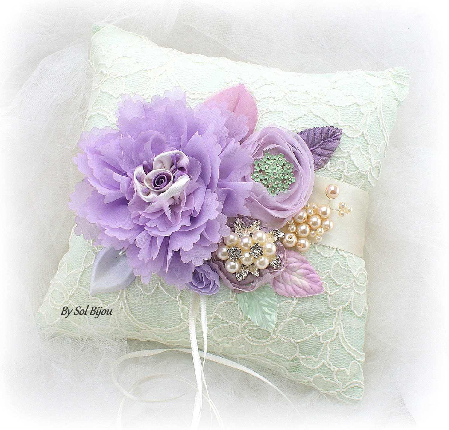 Wedding Ring Pillow Vintage Wedding Mint Lilac Ivory