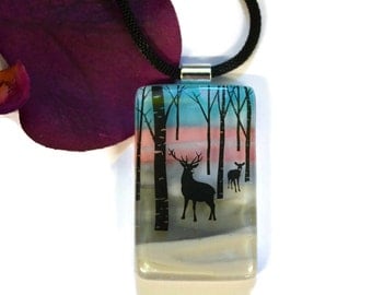 Buck and Doe Necklace, Pendant, Fused Glass, Winter Scene, Dichroic Glass, One of a Kind