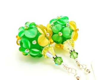 Green Yellow Floral Earrings, Green Earrings, Lampwork Earrings, Glass Bead Earrings, Glass Earrings, Dangle Earrings, Beadwork Earring