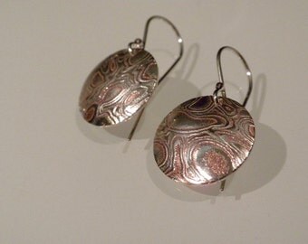 Sterling Silver & Copper Mokume Gane Domed Disc Shaped Earrings