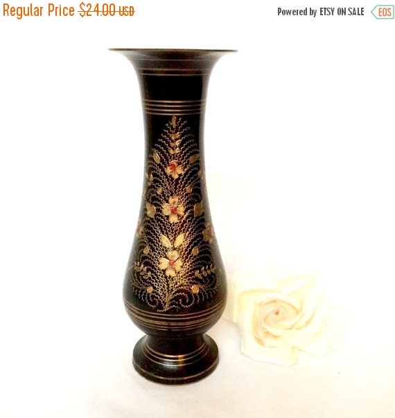 SPRING On Sale Brass Vase Carved Black Floral by EllasAtticVintage