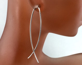 threader earrings - STERLING SILVER WIRE earring - 2 inch - long loop - light weight - minimal modern contemporary nickel free No.00E131