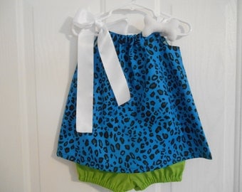 Pebbles Costume turquoise size 0-3 months through size 3 includes bone and with or without crochet headband ships priority mail