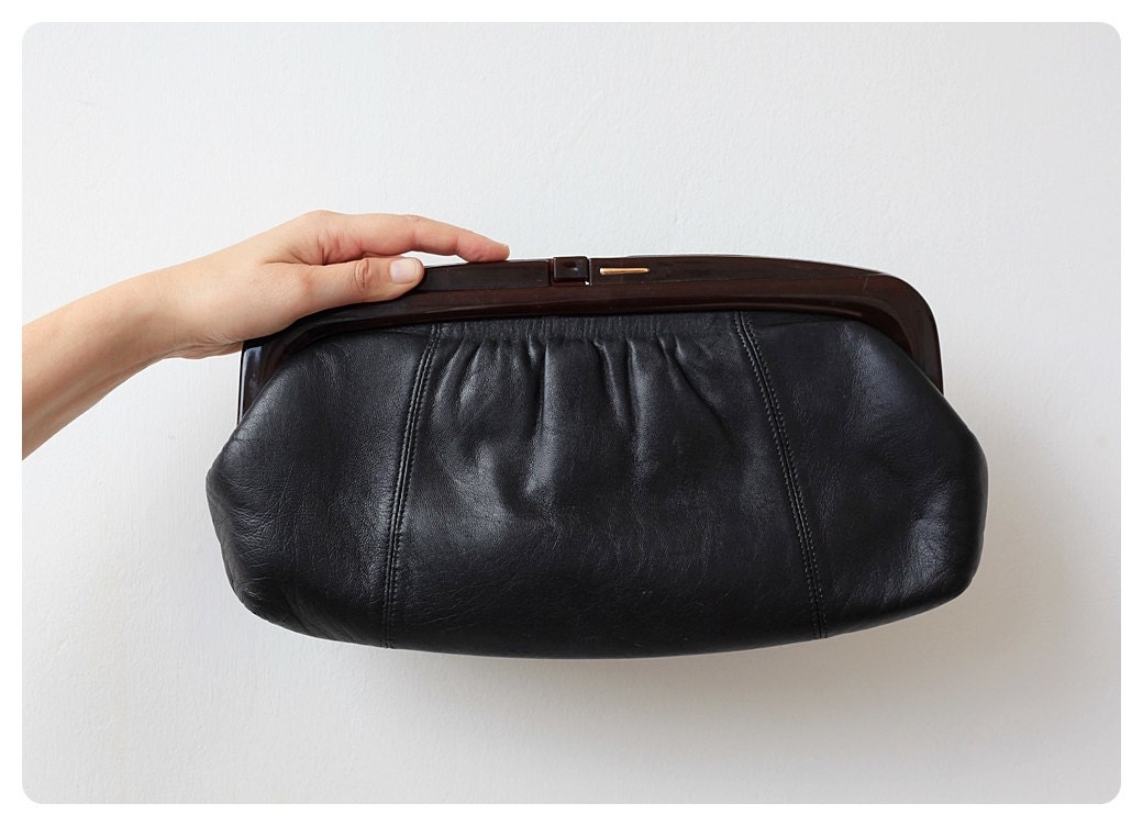 1960s black leather clutch purse large vintage handbag clasp