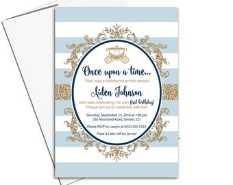 First birthday invitation boy | printable or printed | boys 1st birthday party invites | blue gold | prince birthday party theme - WLP00365