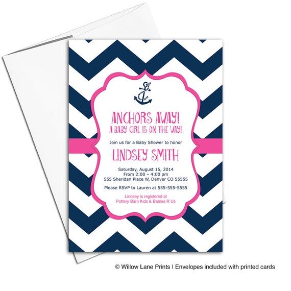 baby girl nautical baby shower invite - navy hot pink - chevron baby shower invitation - baby shower invitations girl printable - WLP00793 Il_570xn
