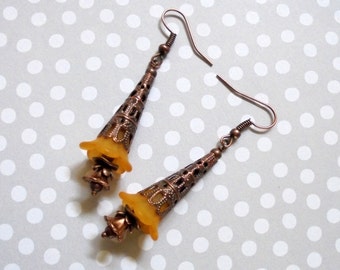 Copper and Orange Flower Drop Earrings (2838)