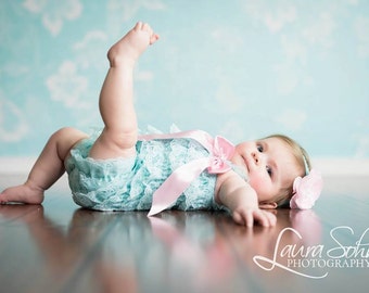 Aqua Lace Romper for Baby Girls/Ruffle Romper/1st Birthday Outfit/Newborn Photo Prop/Pink Flower Headband/Lace Petti Romper/Toddler Rompers