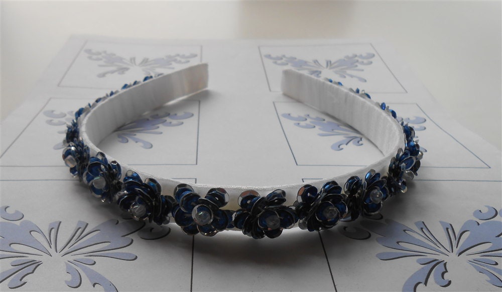 Blue Flower Girl Headband Blue Sequin Flower by NeedleCraftNook
